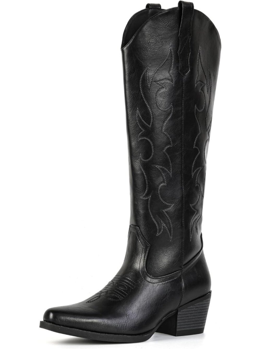 Women's Black Embroidered Pull On Casual Low Heel Pointed Toe Cowgirl Boots